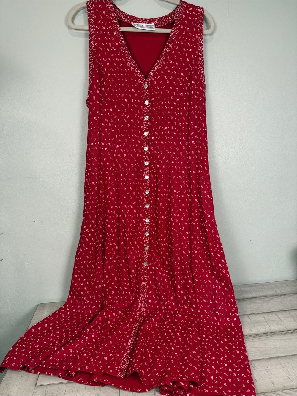 ✨ Vintage 90s Jessica Howard Red Ditsy Floral Button Front Midi Dress EUC